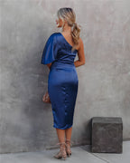 One-shoulder satin cocktail midi dress with flutter sleeve, ruched waist and wrap slit skirt - view 5