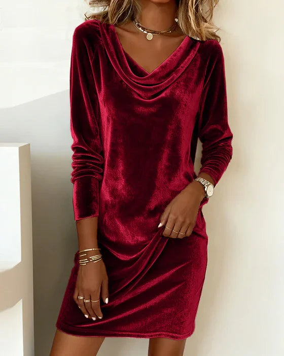 Long sleeve crushed velvet dress with cowl neck and above-knee hem