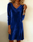 Long sleeve crushed velvet dress with cowl neck and above-knee hem - view 11