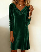 Long sleeve crushed velvet dress with cowl neck and above-knee hem - view 13