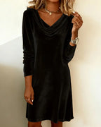 Long sleeve crushed velvet dress with cowl neck and above-knee hem - view 15