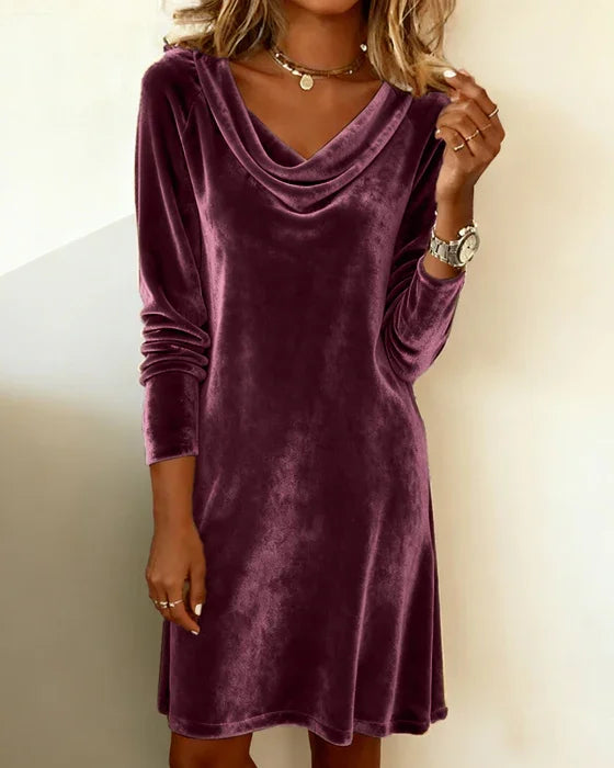 Long sleeve crushed velvet dress with cowl neck and above-knee hem - view 19
