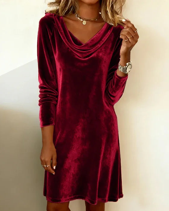Long sleeve crushed velvet dress with cowl neck and above-knee hem - view 8