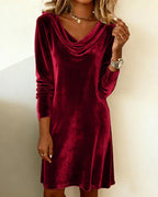 Long sleeve crushed velvet dress with cowl neck and above-knee hem - view 8