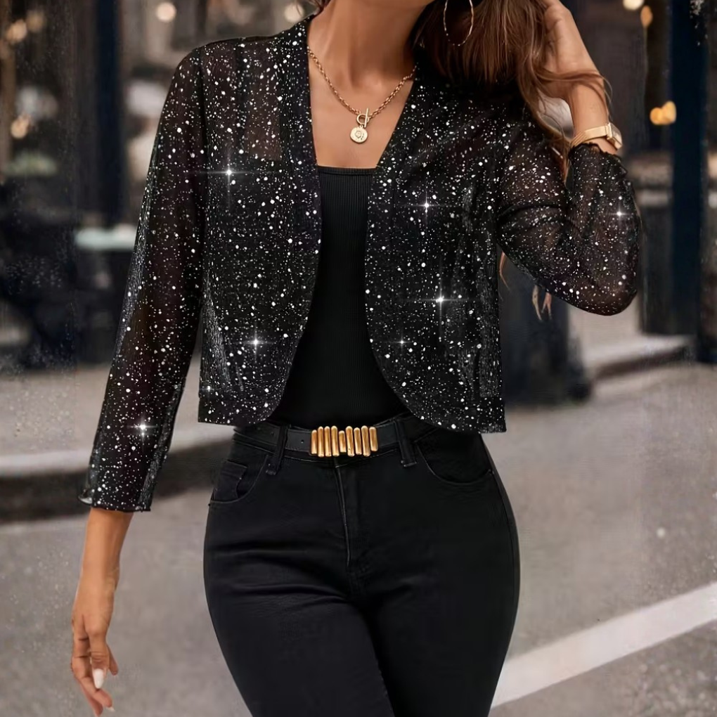 Open front sequin cardigan with sheer mesh glitter sparkle, long sleeves and cropped hem - view 2