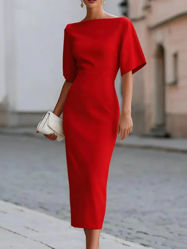 Boat Neck Midi-length Fitted Dress oaklynwear