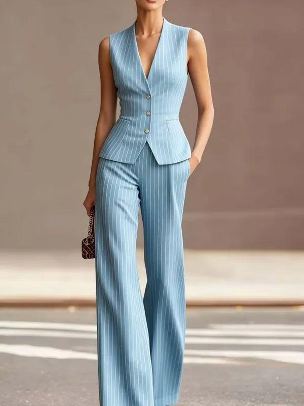 Sky-blue Pinstripe Sleeveless Vest And Trousers 2-Piece Suit oaklynwear