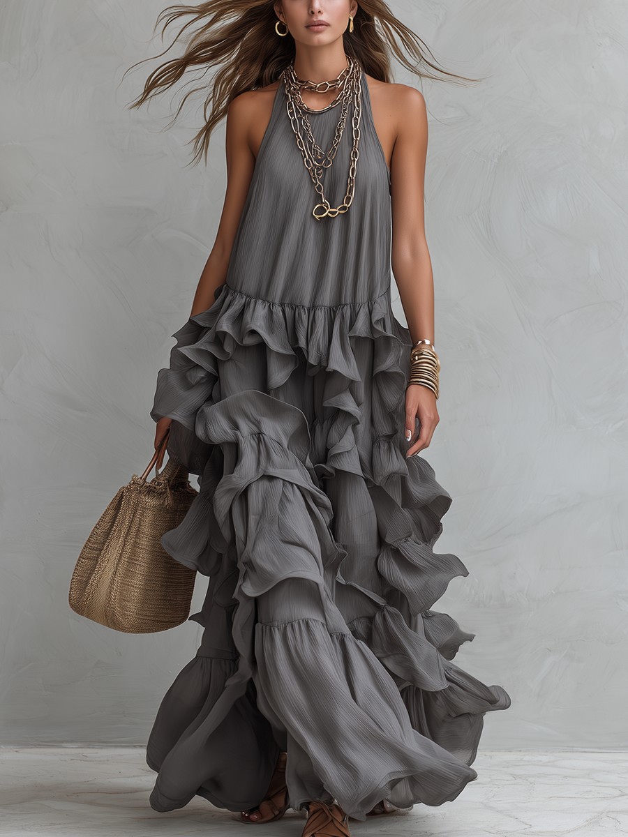 Giselle | Layered Ruffle Grey Maxi Dress oaklynwear