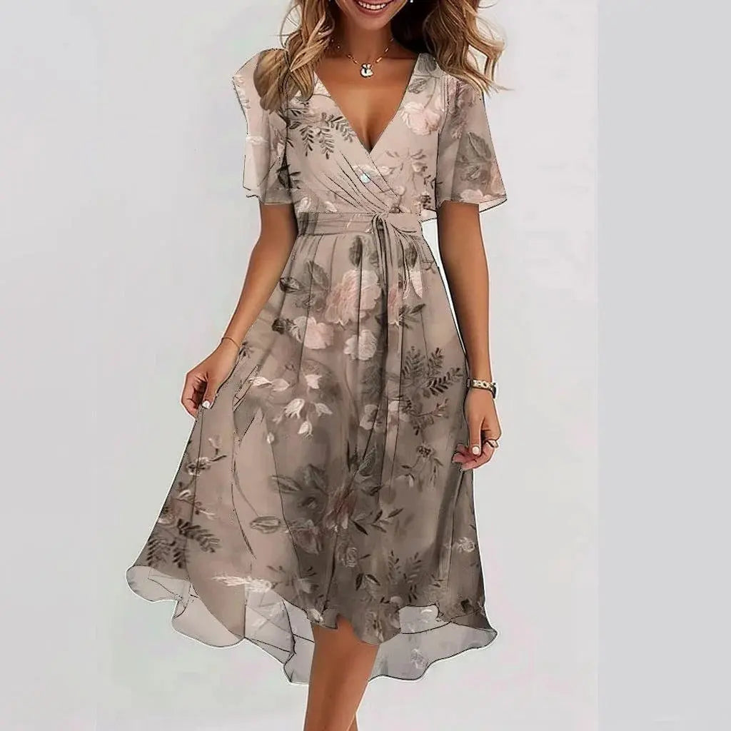 Oaklyn Ditsy Floral Chiffon Midi Dress – Wrap V-Neck Flutter Sleeve Tie Waist Elegant Style oaklynwear