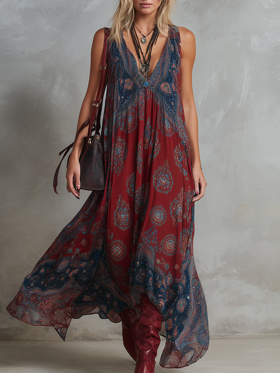 Indira | Ethnic Print Chiffon Maxi Dress oaklynwear