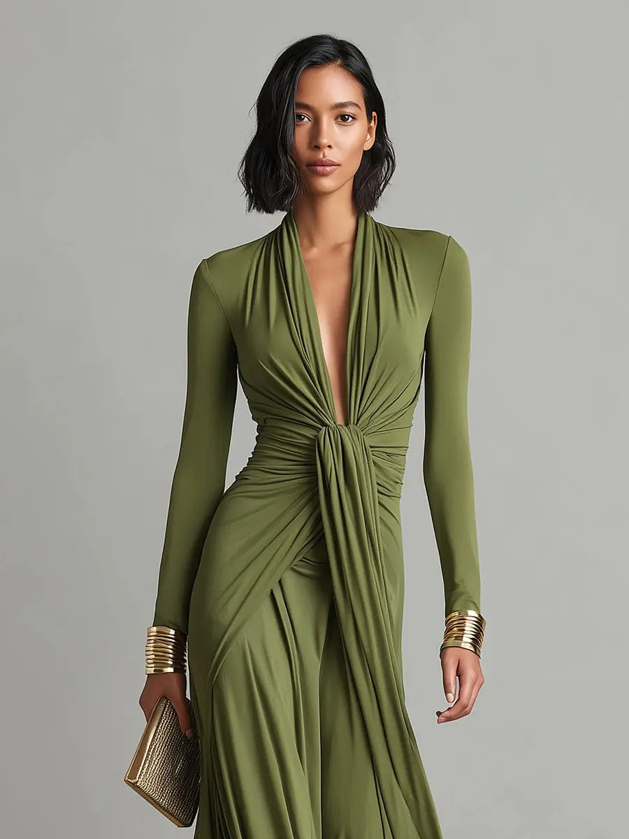 Valentina | Women's Olive Silky Stretchy Dress With Deep V-Neck & Ruched Detail oaklynwear
