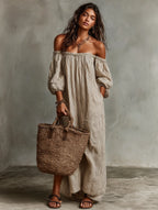 Catalina | Women's Vacation Cotton-Linen Blend Off-Shoulder Long-Sleeved Maxi Dress oaklynwear