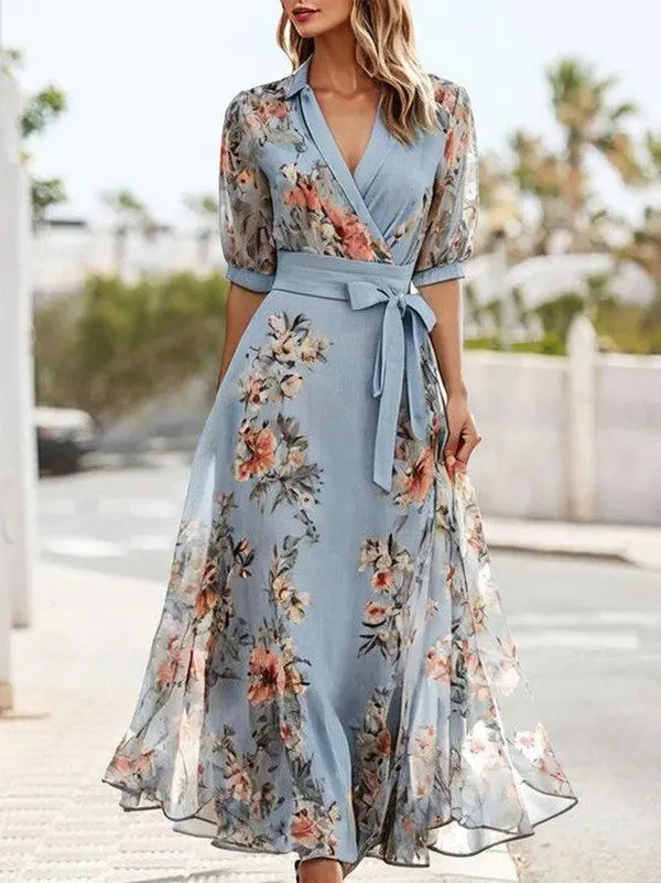Oaklyn Botanical Floral Wrap Maxi Dress – Collar V-Neck Elbow Sleeve Self-Tie Belt Elegant Style oaklynwear