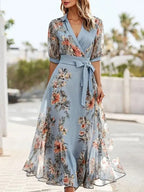Oaklyn Botanical Floral Wrap Maxi Dress – Collar V-Neck Elbow Sleeve Self-Tie Belt Elegant Style oaklynwear