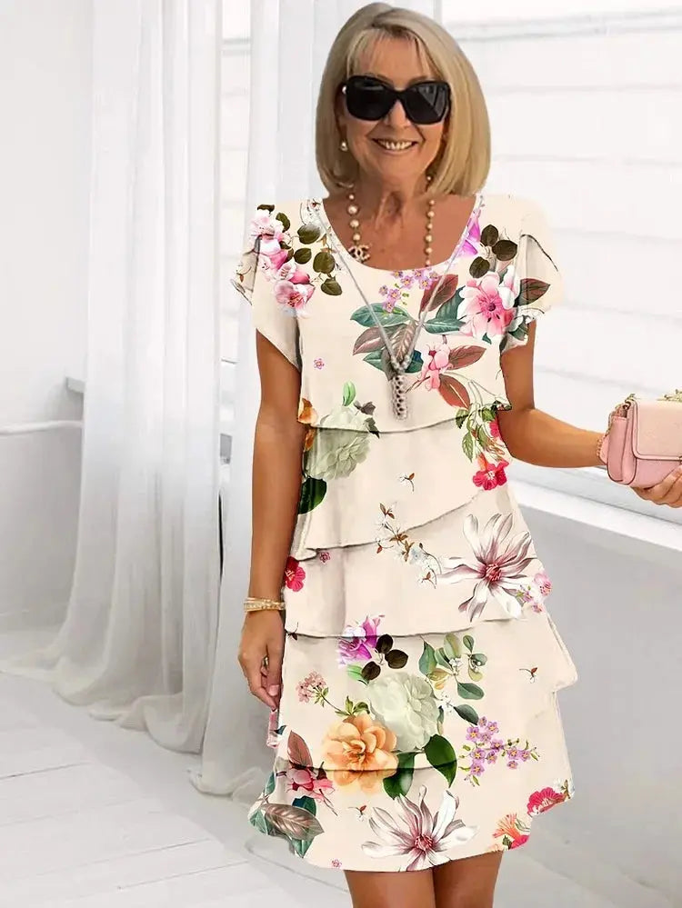 Oaklyn Watercolor Floral Tiered Dress – Scoop Neck Flutter Sleeve Double Ruffle Hem Midi Style oaklynwear
