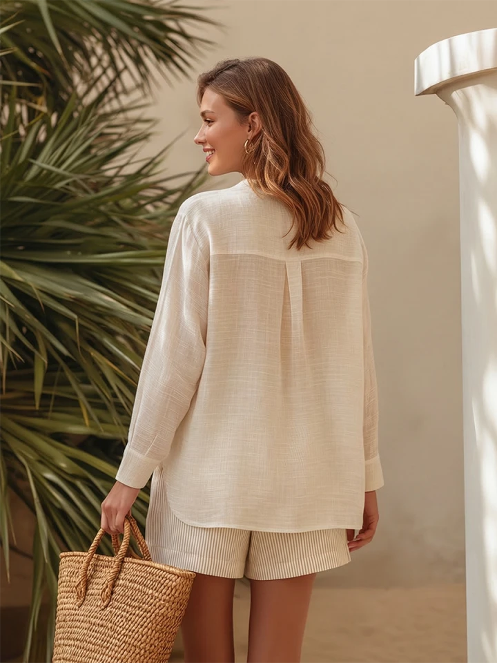 Brielle | Sheer Linen Shirt Striped Shorts Set oaklynwear