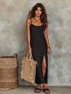Stella | Women's Minimalist Pinstriped Frayed Edge Suspenders With Slit Hem Maxi Dress oaklynwear