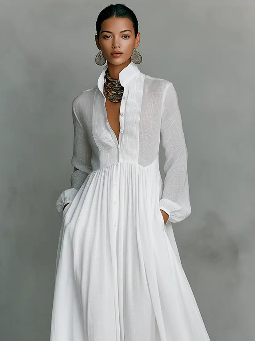 Miriam | Minimalist Cotton And Linen Patchwork Long-Sleeved Maxi Dress oaklynwear