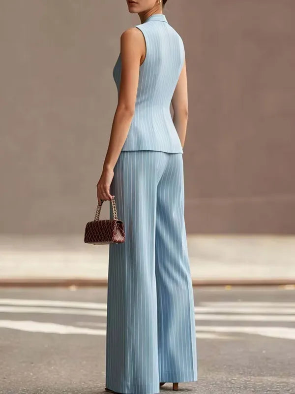 Sky-blue Pinstripe Sleeveless Vest And Trousers 2-Piece Suit oaklynwear