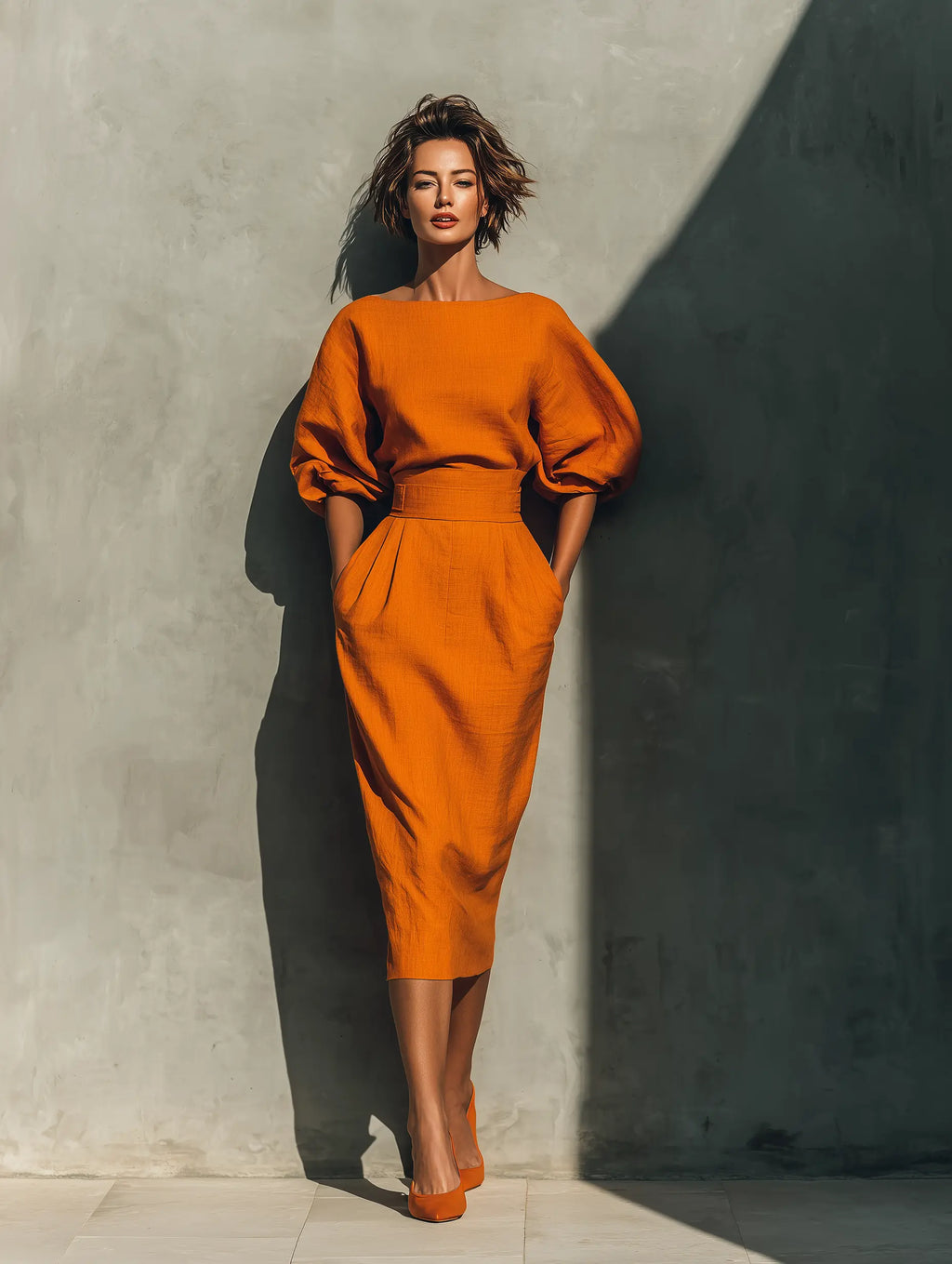 Claudia | Women's Orange Mid-Sleeve Top And Midi Skirt Set oaklynwear