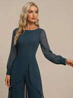 Graceful Navy Chiffon Jumpsuit with Sheer Sleeves and Draped Overlay oaklynwear