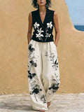 Black Floral Embroidered Sleeveless Lapel Vest & Floral Wide Leg Pants 2-Piece Suit oaklynwear