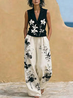 Black Floral Embroidered Sleeveless Lapel Vest & Floral Wide Leg Pants 2-Piece Suit oaklynwear