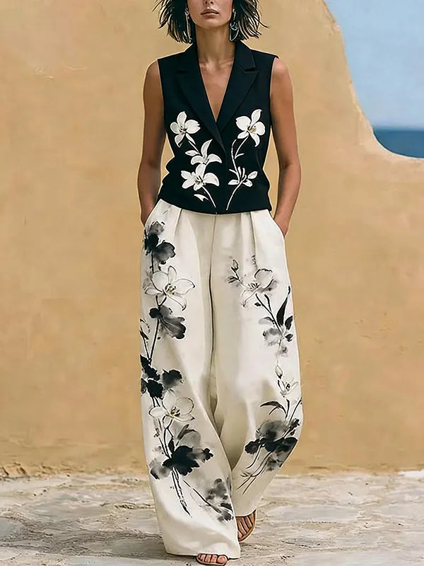 Black Floral Embroidered Sleeveless Lapel Vest & Floral Wide Leg Pants 2-Piece Suit oaklynwear