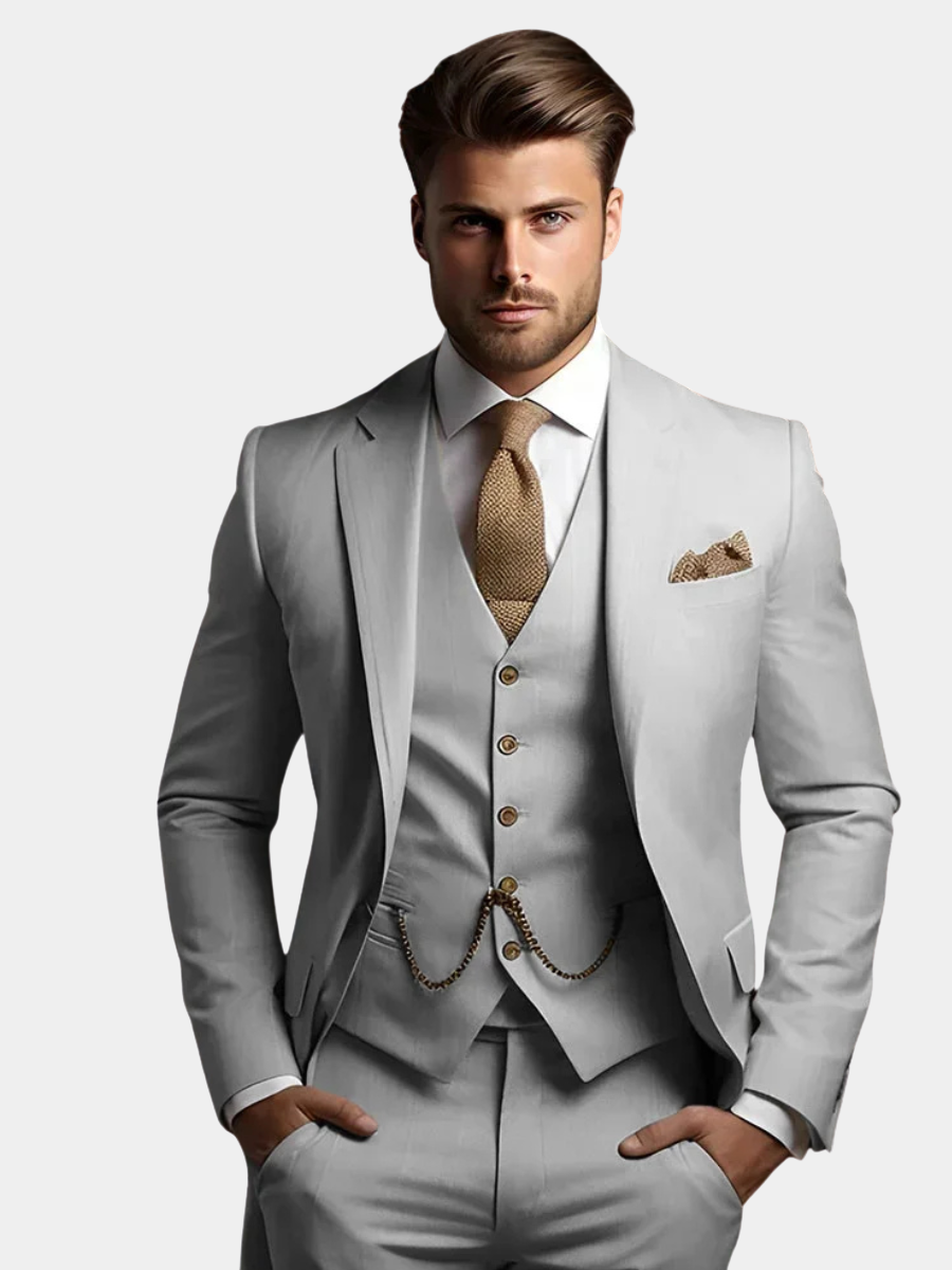 Tailored men's blazer set with notch lapels and slim trousers