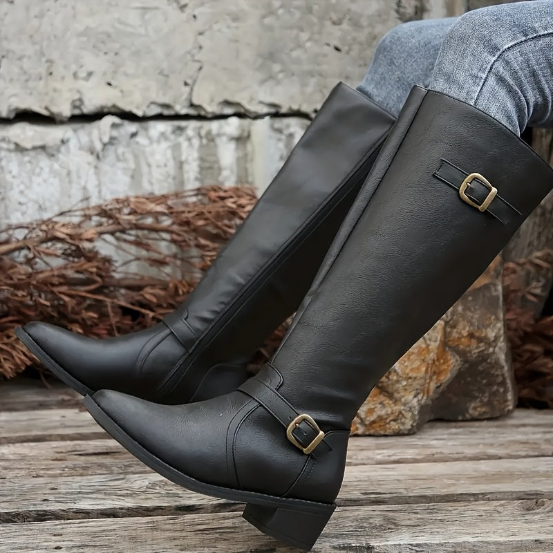 Calixta | Women's Knee High Leather-Look Buckle Boots oaklynwear