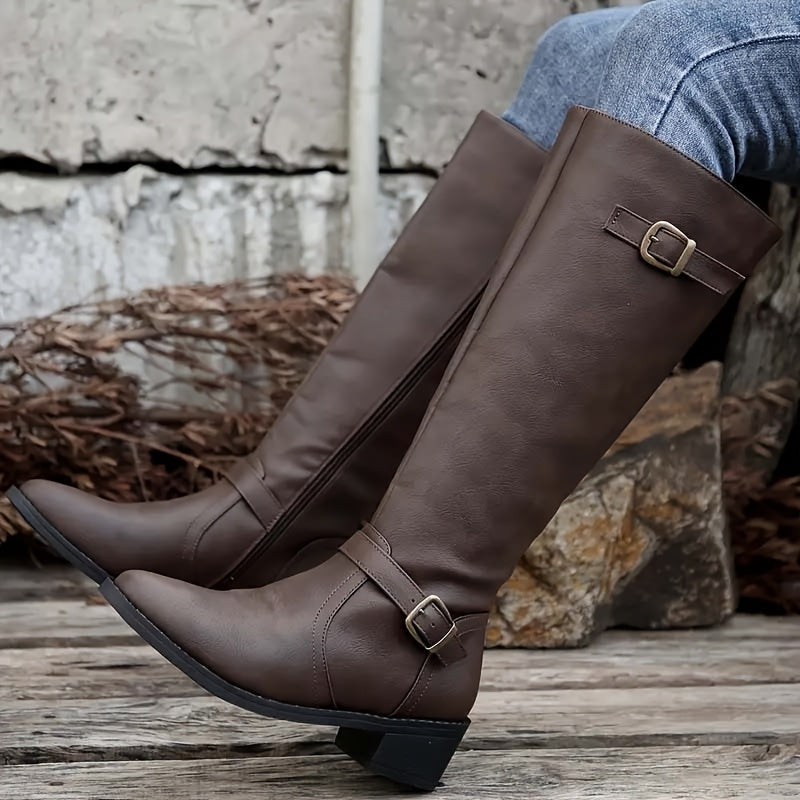 Calixta | Women's Knee High Leather-Look Buckle Boots oaklynwear