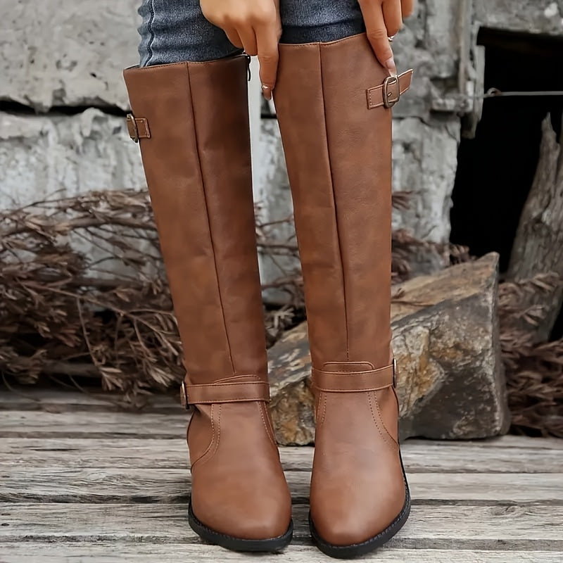 Calixta | Women's Knee High Leather-Look Buckle Boots oaklynwear