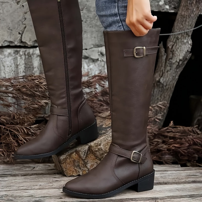 Calixta | Women's Knee High Leather-Look Buckle Boots oaklynwear