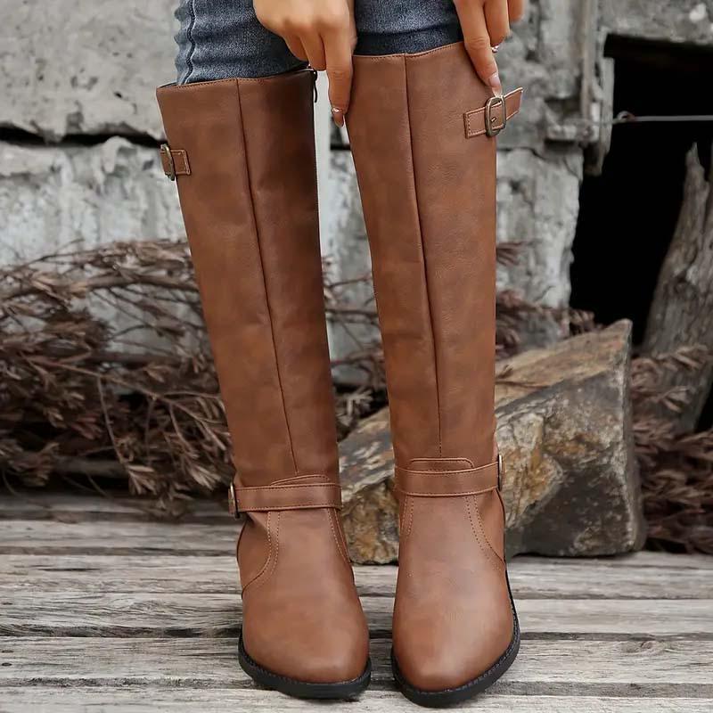Calixta | Women's Knee High Leather-Look Buckle Boots oaklynwear