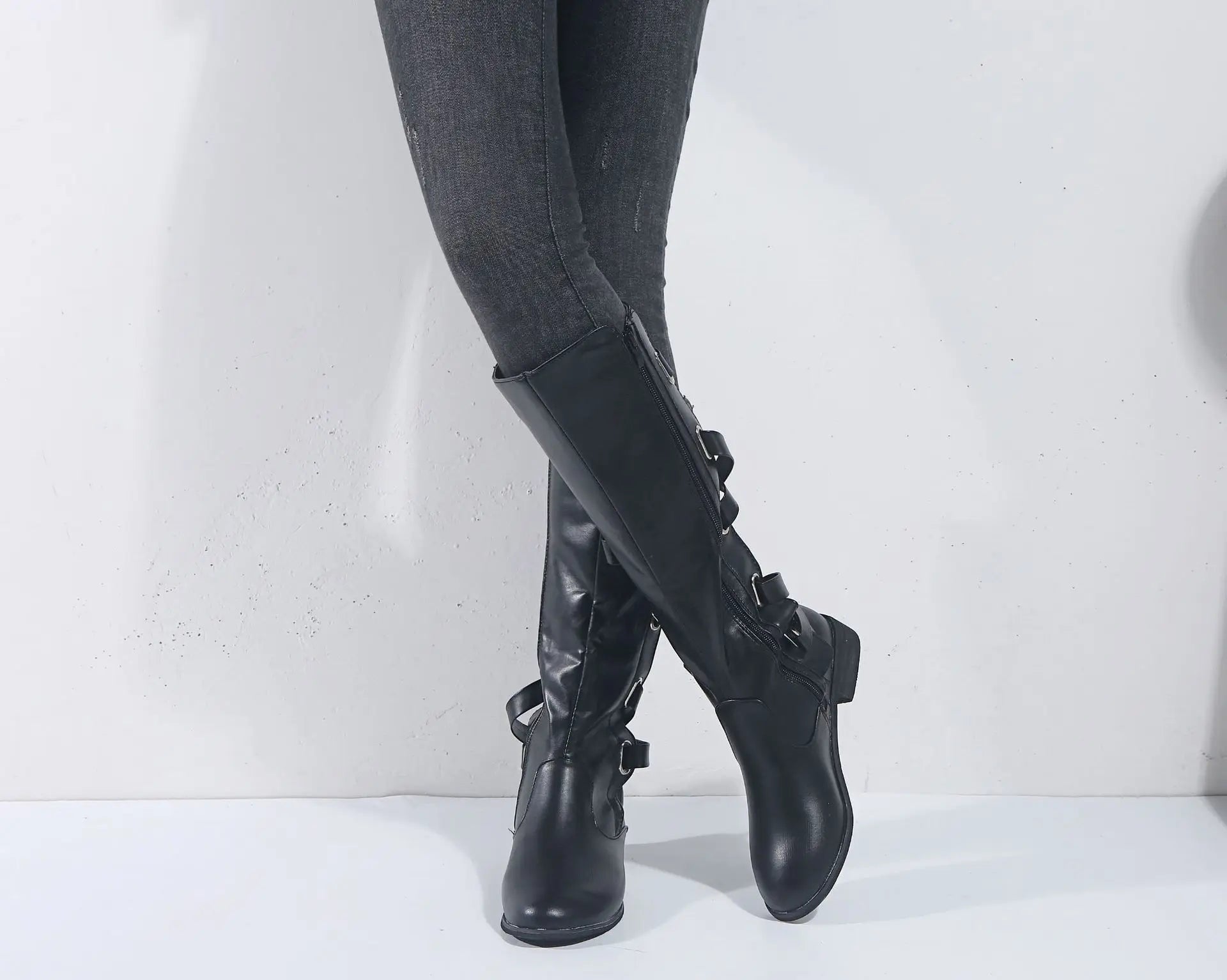 Kalinda | Women's Knee High Riding Boots with Buckles oaklynwear
