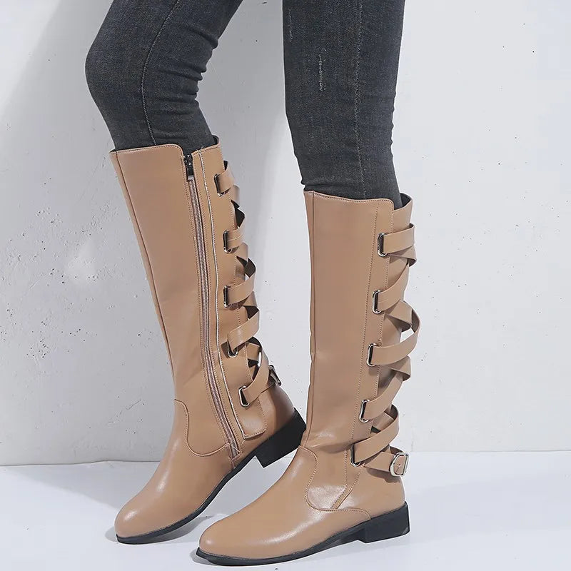 Kalinda | Women's Knee High Riding Boots with Buckles oaklynwear