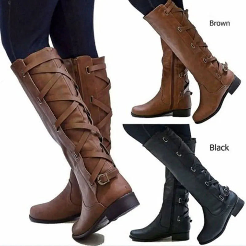 Kalinda | Women's Knee High Riding Boots with Buckles oaklynwear