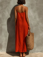 Ruby | Women's Red Cotton Dress With Spaghetti Straps & Square Neck oaklynwear
