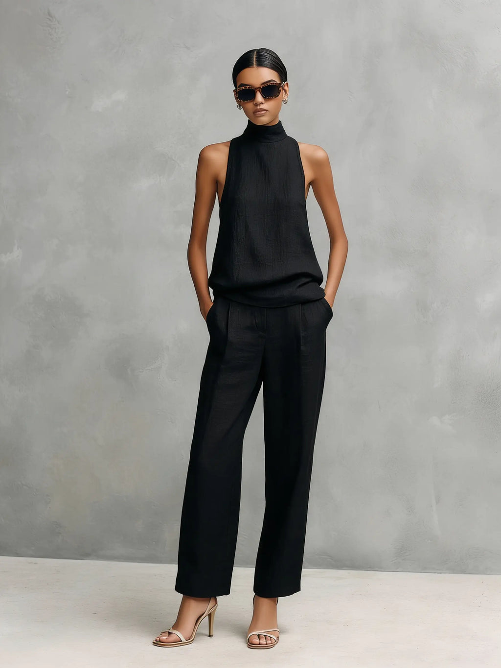 Monica | Women's Elegant Black Cotton and Linen Round-Neck Sleeveless Top and Trousers Set oaklynwear