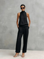Monica | Women's Elegant Black Cotton and Linen Round-Neck Sleeveless Top and Trousers Set oaklynwear