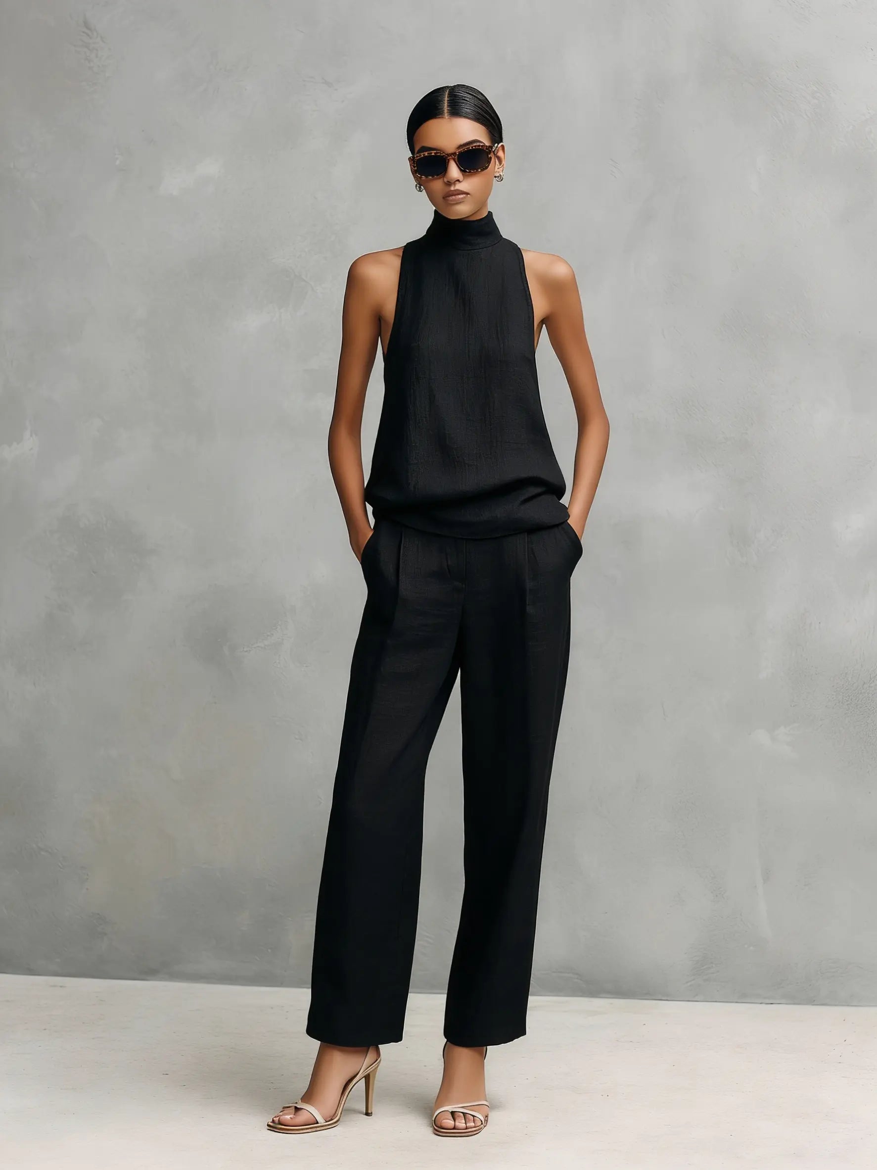 Monica | Women's Elegant Black Cotton and Linen Round-Neck Sleeveless Top and Trousers Set oaklynwear