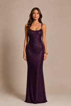Purple sequin formal evening maxi dress with mesh straps - view 2