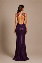 Purple sequin formal evening maxi dress with mesh straps - view 3