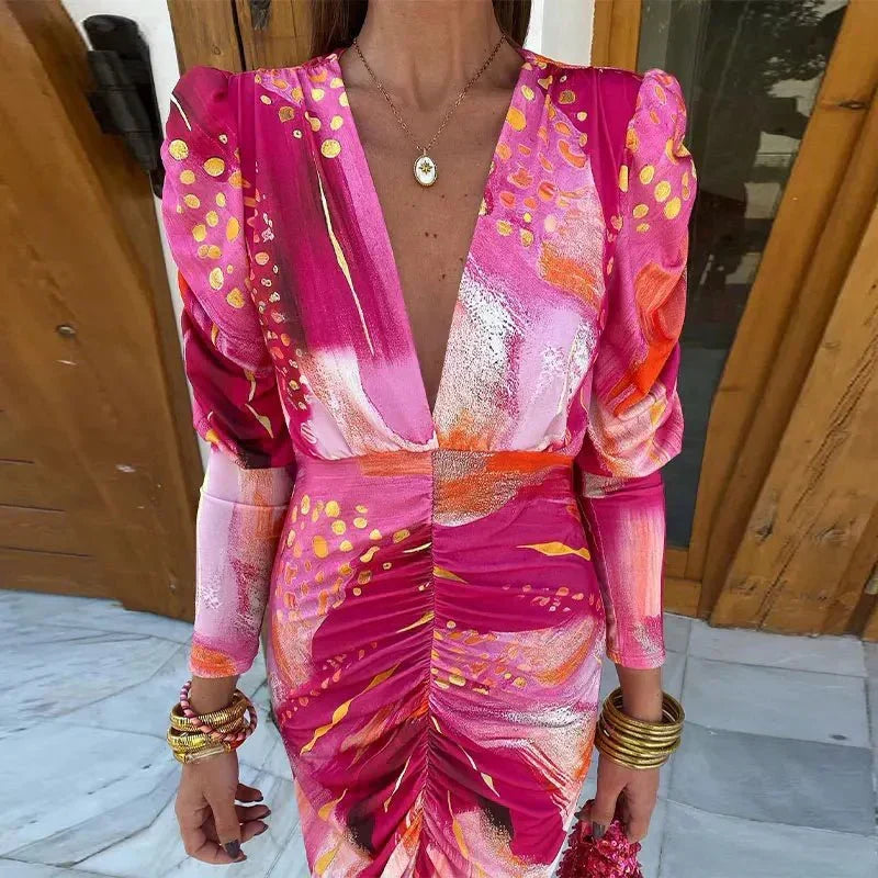 Pink abstract print long sleeve dress with plunging V-neck, puff shoulders and ruched front - view 2