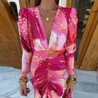 Pink abstract print long sleeve dress with plunging V-neck, puff shoulders and ruched front - view 2