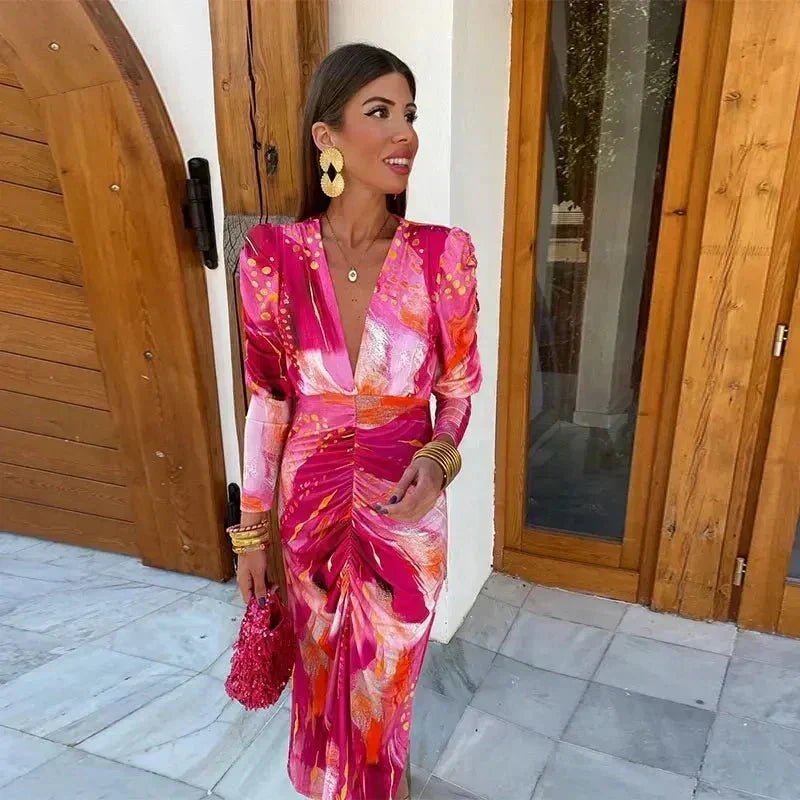 Pink abstract print long sleeve dress with plunging V-neck, puff shoulders and ruched front - view 3