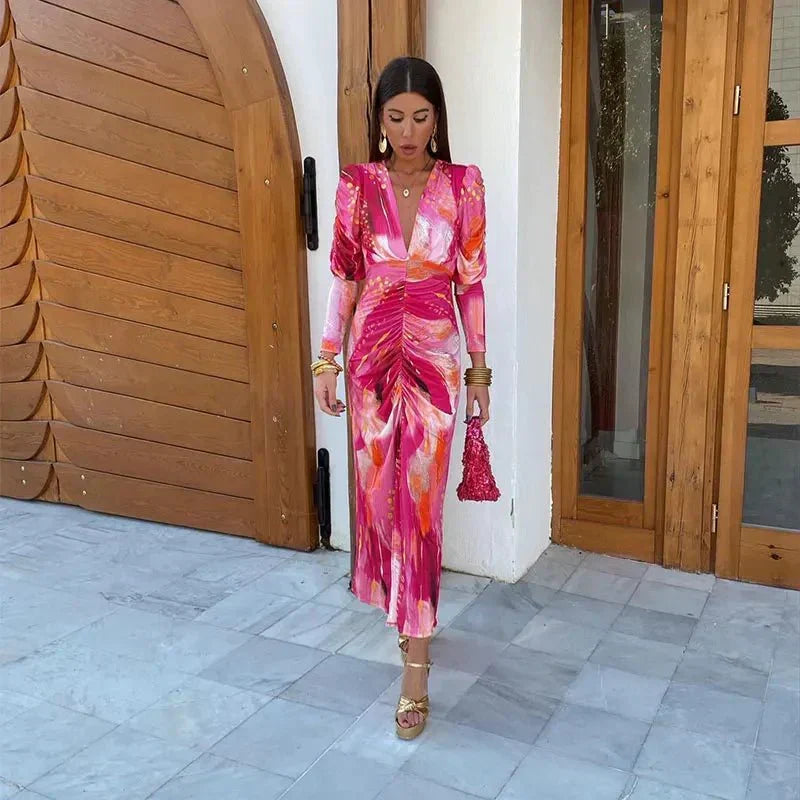 Pink abstract print long sleeve dress with plunging V-neck, puff shoulders and ruched front - view 4