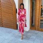 Pink abstract print long sleeve dress with plunging V-neck, puff shoulders and ruched front - view 4