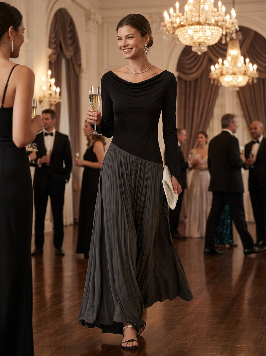 Holiday dress for women with black long sleeve bodice and gray pleated maxi skirt - view 2