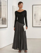 Holiday dress for women with black long sleeve bodice and gray pleated maxi skirt - view 3